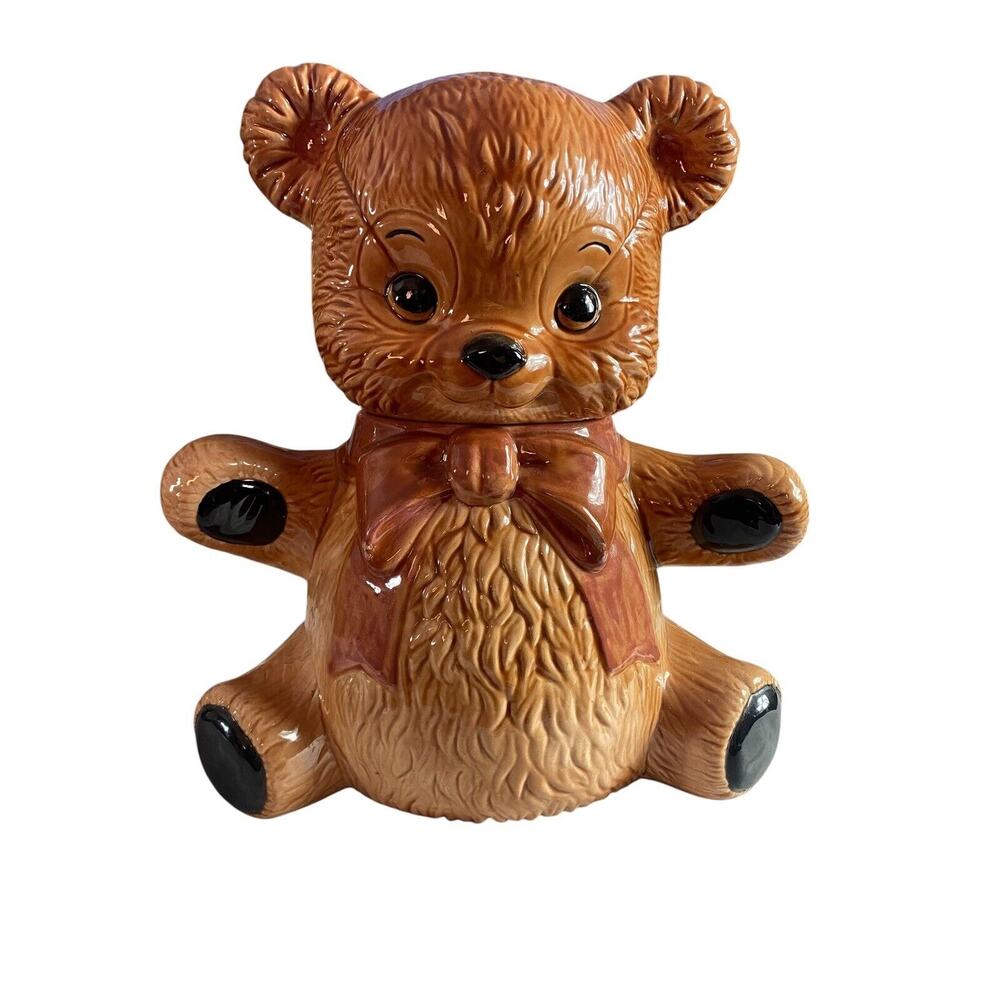 Vtg Cookie Jar Ceramic Teddy Bear W/brown Bow 80’s Initials RA On Bottom